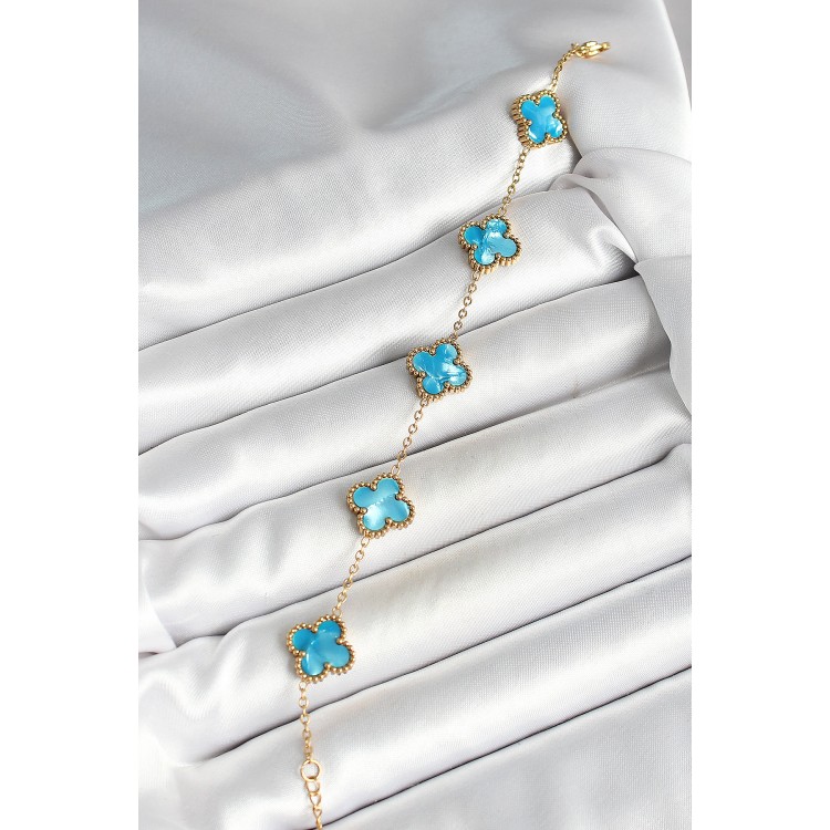 316L Çelik Sedefli Gökyüzü Mavisi Gold Renk Yonca Kadın Bileklik - TJ-BB6967