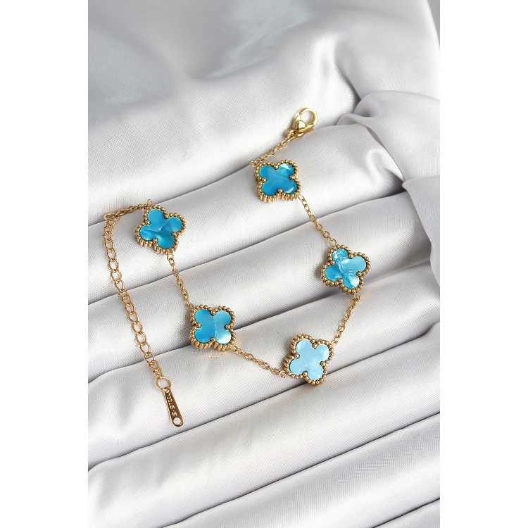 316L Çelik Sedefli Gökyüzü Mavisi Gold Renk Yonca Kadın Bileklik - TJ-BB6967 316L Çelik Sedefli Gökyüzü Mavisi Gold Renk Yonca Kadın Bileklik - TJ-BB6967