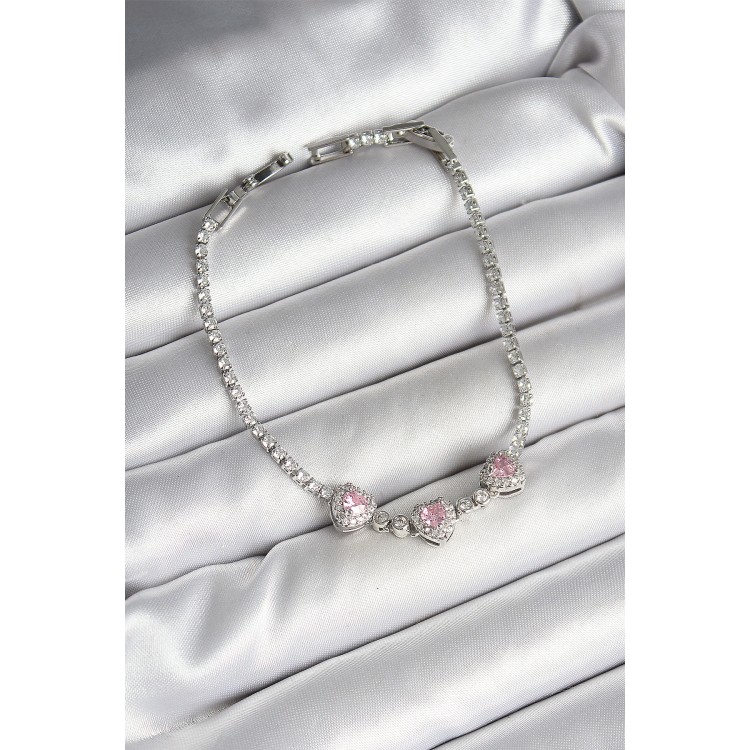 Pirinç Sıralı Pembe Kalp Figürlü Zirkon Taşlı Gümüş Renk Kadın Bileklik - TJ-BB6982