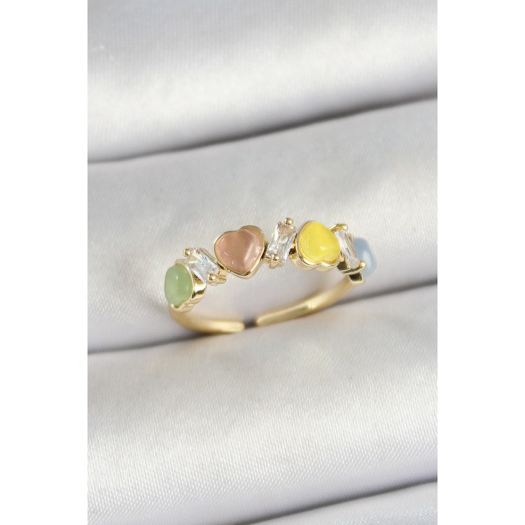 Pirinç Sıralı Kalp Figürlü Zirkon Taşlı Gold Renk Ayarlanabilir Kadın Yüzük - TJ-BYK3754