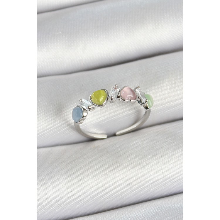 Pirinç Sıralı Kalp Figürlü Zirkon Taşlı Gümüş Renk Ayarlanabilir Kadın Yüzük - TJ-BYK3755