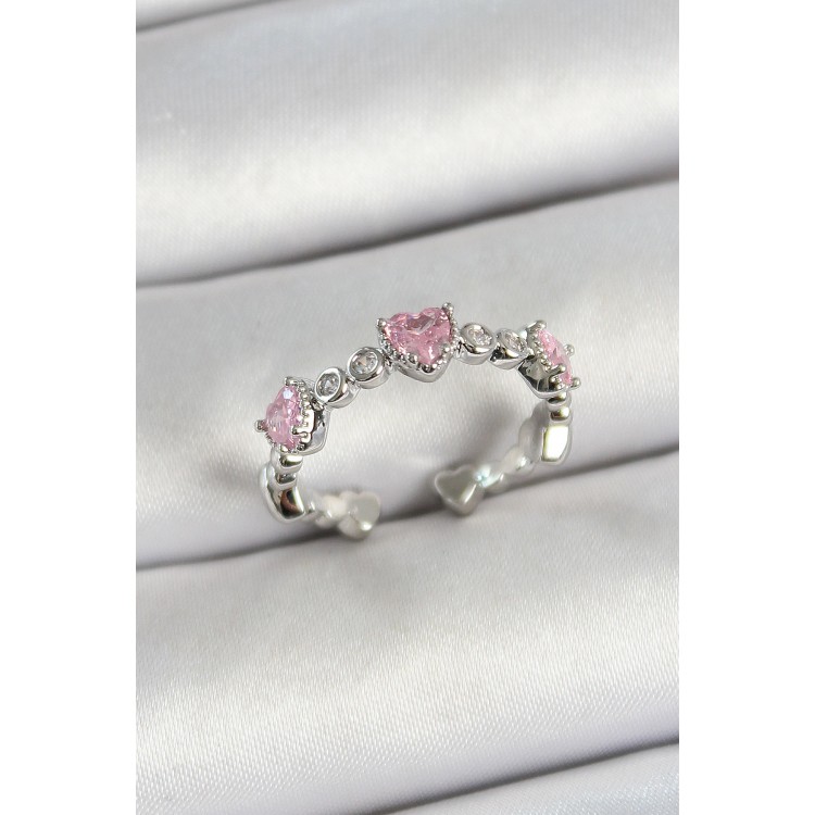 Pirinç Sıralı Kalp Figürlü Zirkon Taşlı Gümüş Renk Ayarlanabilir Kadın Yüzük - TJ-BYK3757