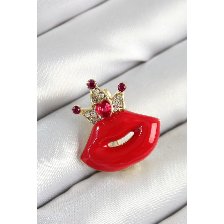 Zirkon Taşlı Kraliçe Taç Detaylı 3D Kırmızı Dudak Figürlü Gold Renk Kadın Broş - TJ-BR449 Zirkon Taşlı Kraliçe Taç Detaylı 3D Kırmızı Dudak Figürlü Gold Renk Kadın Broş - TJ-BR449