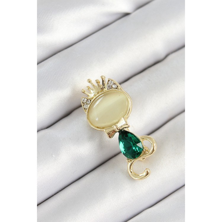 Yeşil Damla Zirkon Taşlı Kraliçe Taçlı Kedi Figürlü Gold Renk Kadın Broş - TJ-BR450