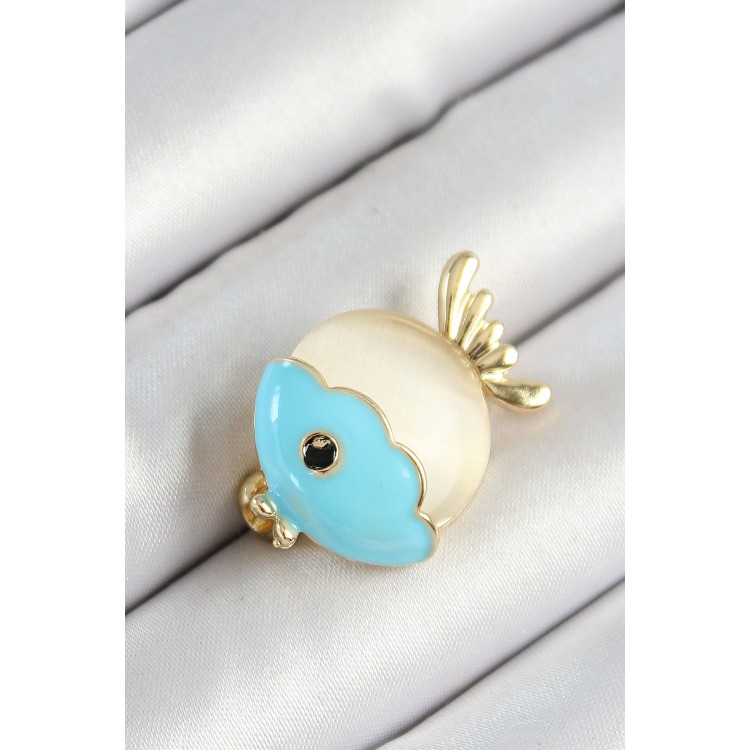 Mineli Turkuaz Ve Krem Balık Figürlü Gold Renk Kadın Broş - TJ-BR454