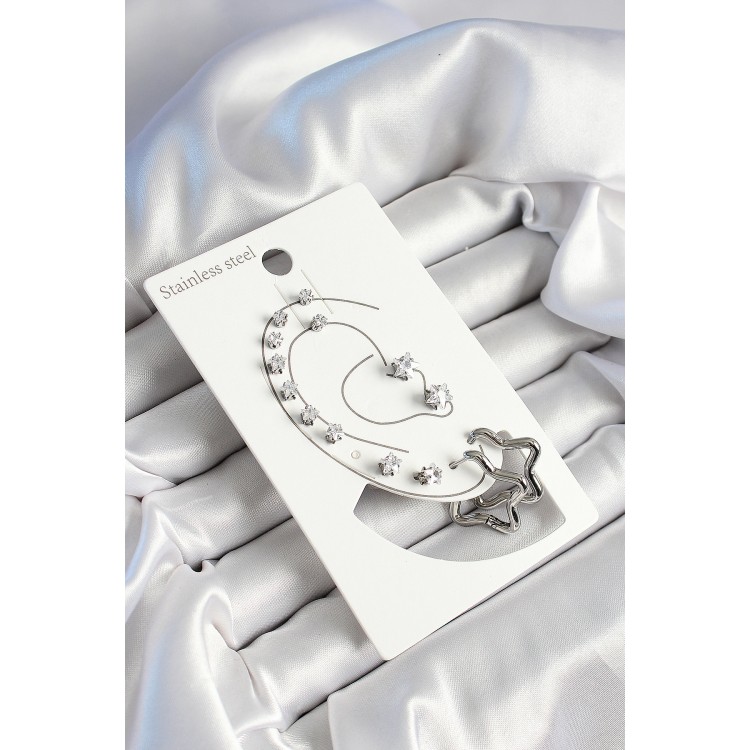 316L Çelik Yıldız Figürlü Ve Zirkon Taşlı Gümüş Renk 7'li Çift Kadın Küpe Set - TJ-BKP10636 316L Çelik Yıldız Figürlü Ve Zirkon Taşlı Gümüş Renk 7'li Çift Kadın Küpe Set - TJ-BKP10636