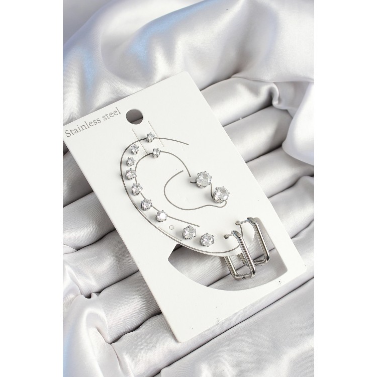 316L Çelik Dikdörtgen Figürlü Ve Zirkon Taşlı Gümüş Renk 7'li Çift Kadın Küpe Set - TJ-BKP10638