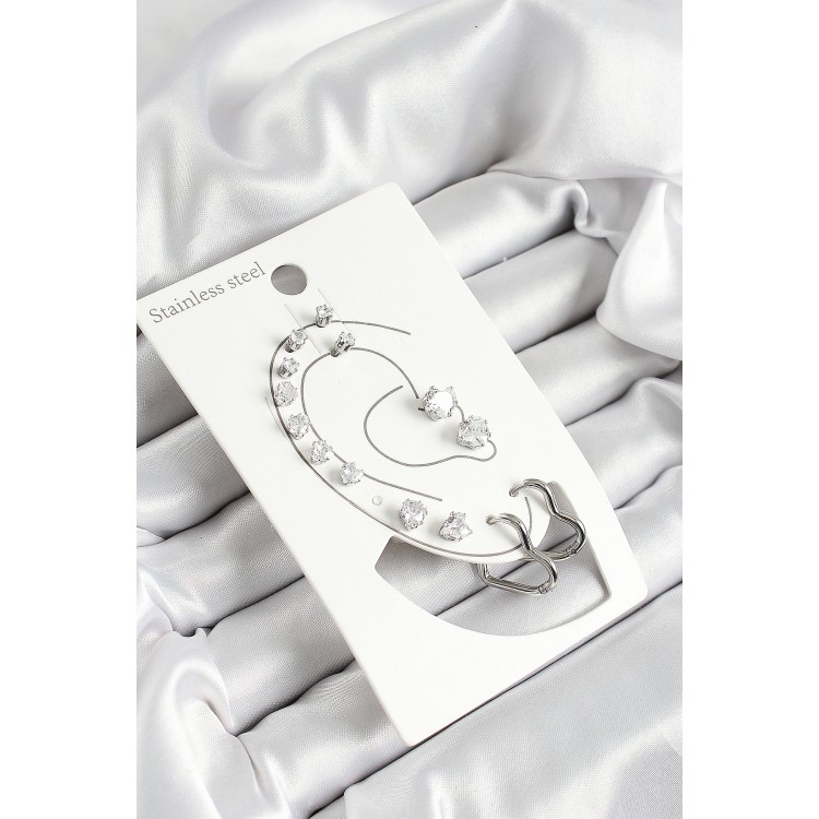 316L Çelik Kalp Figürlü Ve Zirkon Taşlı Gümüş Renk 7'li Çift Kadın Küpe Set - TJ-BKP10639