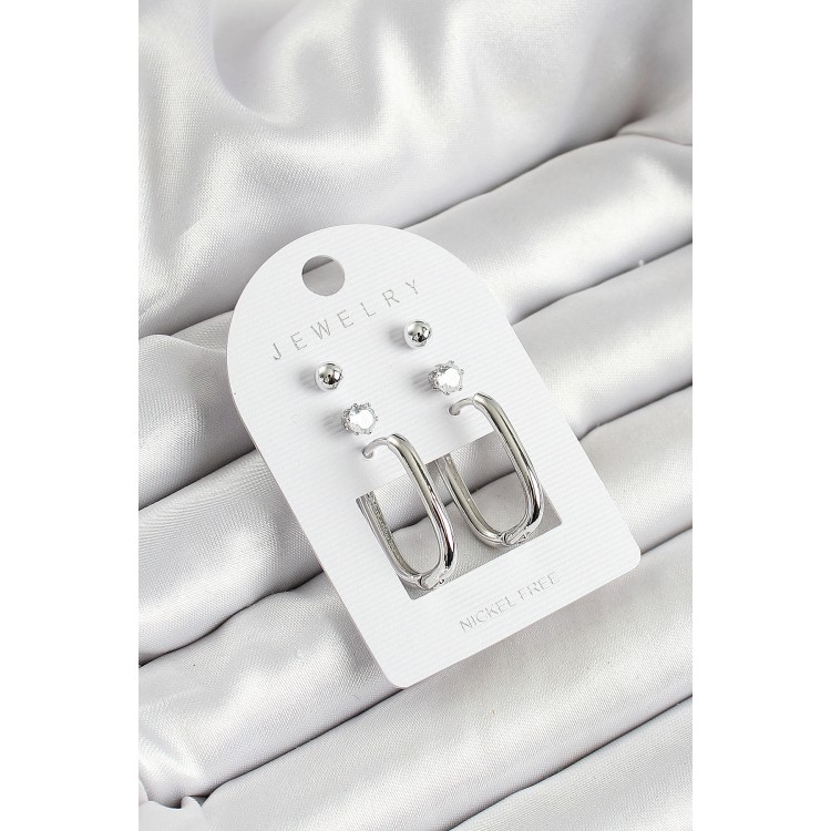 Pirinç Zirkon Taş Ve Dikdörtgen Figürlü Gümüş Renk 3'lü Çift Kadın Küpe Set - TJ-BKP10645 Pirinç Zirkon Taş Ve Dikdörtgen Figürlü Gümüş Renk 3'lü Çift Kadın Küpe Set - TJ-BKP10645