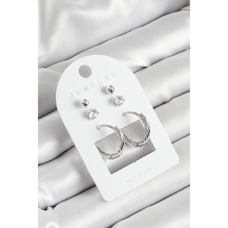 Pirinç Zirkon Taş Ve Halka Figürlü Gümüş Renk 3'lü Çift Kadın Küpe Set - TJ-BKP10646 Pirinç Zirkon Taş Ve Halka Figürlü Gümüş Renk 3'lü Çift Kadın Küpe Set - TJ-BKP10646