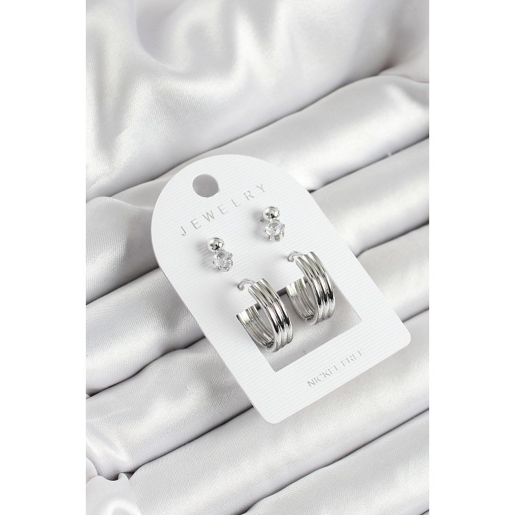 Pirinç Zirkon Taş Ve Halka Figürlü Gümüş Renk 3'lü Çift Kadın Küpe Set - TJ-BKP10649 Pirinç Zirkon Taş Ve Halka Figürlü Gümüş Renk 3'lü Çift Kadın Küpe Set - TJ-BKP10649