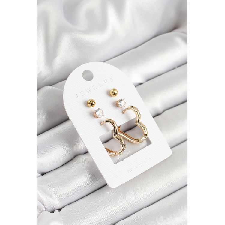 Pirinç Zirkon Taş Ve Kalp Figürlü Gold Renk 3'lü Çift Kadın Küpe Set - TJ-BKP10650 Pirinç Zirkon Taş Ve Kalp Figürlü Gold Renk 3'lü Çift Kadın Küpe Set - TJ-BKP10650