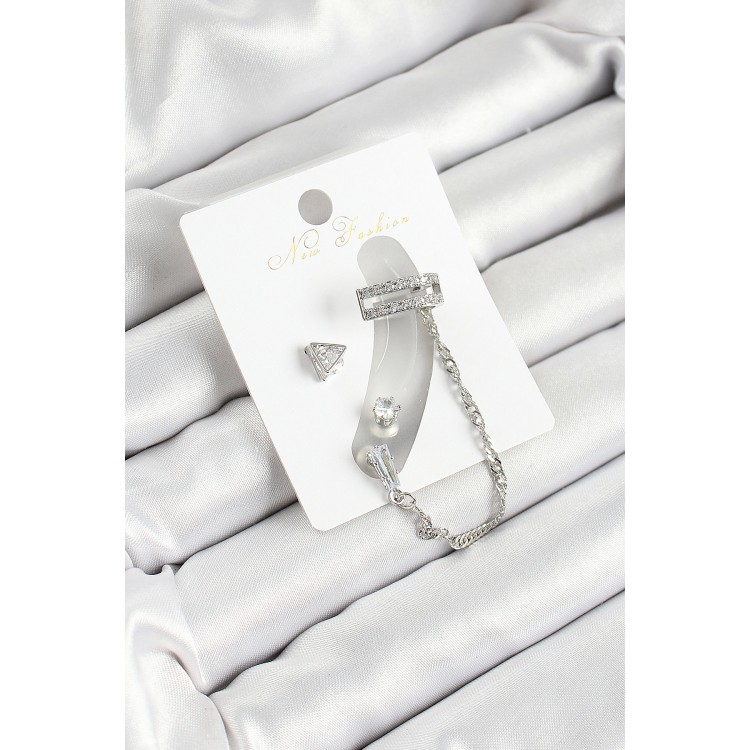 Pirinç Üçgen Figürlü Zirkon Taşlı Gümüş Renk 3'lü Kıkırdak Kadın Küpe Set - TJ-BKP10658