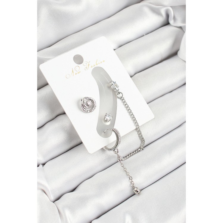 Pirinç Halka Figürlü Zirkon Taşlı Gümüş Renk 3'lü Kıkırdak Kadın Küpe Set - TJ-BKP10662 Pirinç Halka Figürlü Zirkon Taşlı Gümüş Renk 3'lü Kıkırdak Kadın Küpe Set - TJ-BKP10662