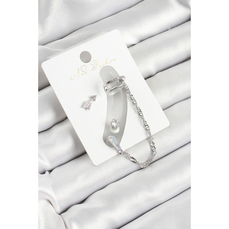 Pirinç Ok Figürlü Zirkon Taşlı Gümüş Renk 3'lü Kıkırdak Kadın Küpe Set - TJ-BKP10663 Pirinç Ok Figürlü Zirkon Taşlı Gümüş Renk 3'lü Kıkırdak Kadın Küpe Set - TJ-BKP10663