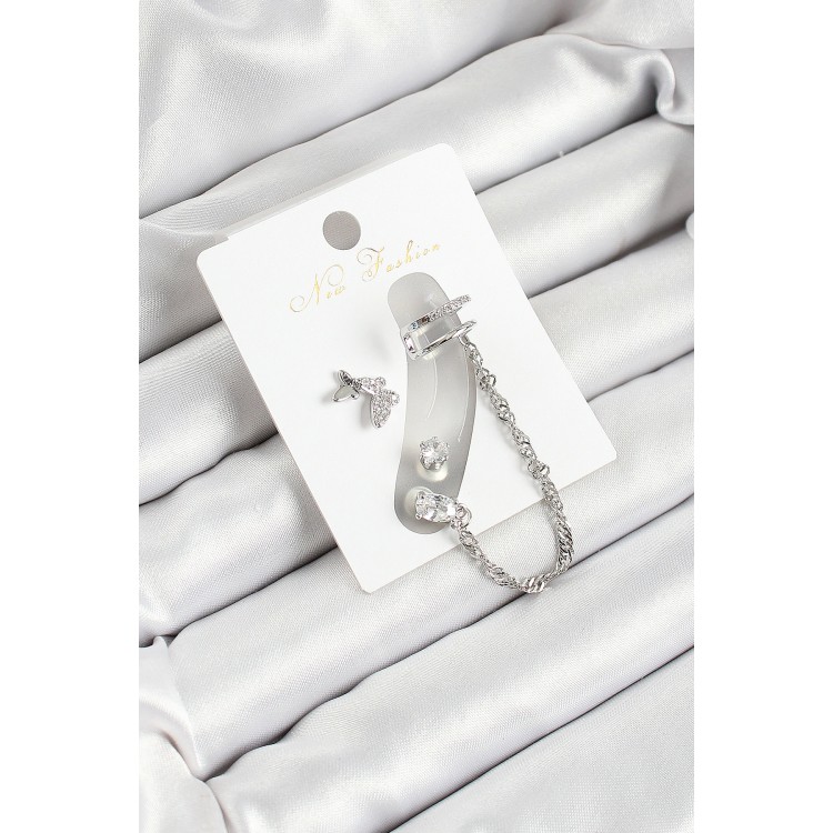 Pirinç Kelebek Figürlü Zirkon Taşlı Gümüş Renk 3'lü Kıkırdak Kadın Küpe Set - TJ-BKP10659 Pirinç Kelebek Figürlü Zirkon Taşlı Gümüş Renk 3'lü Kıkırdak Kadın Küpe Set - TJ-BKP10659