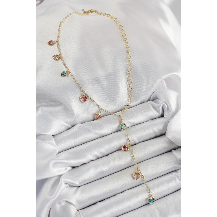 Pirinç Asorti Kalp Model Gold Renk Zirkon Taşlı Y Kolye - TJ-BKO10248