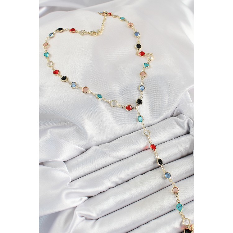 Pirinç Asorti Model Gold Renk Zirkon Taşlı Y Kolye - TJ-BKO10249