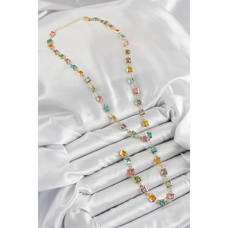 Pirinç Asorti Kare Model Gold Renk Zirkon Taşlı Y Kolye - TJ-BKO10253