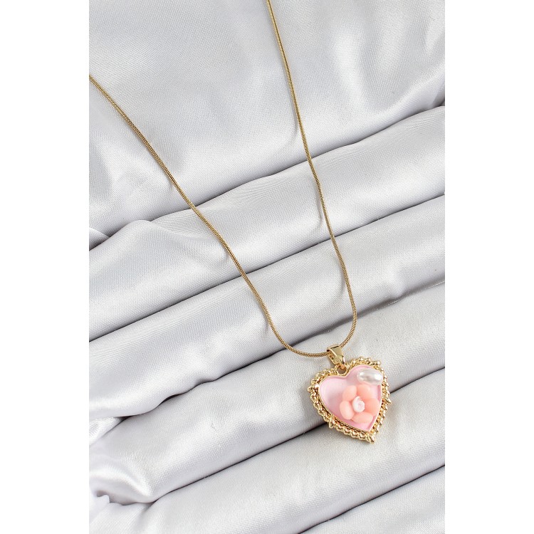 316L Çelik Zincir Pembe Sanatsal Portre İnci Detaylı Papatya Figürlü Kalp Model Gold Renk Kadın Kolye - TJ-BKO10271