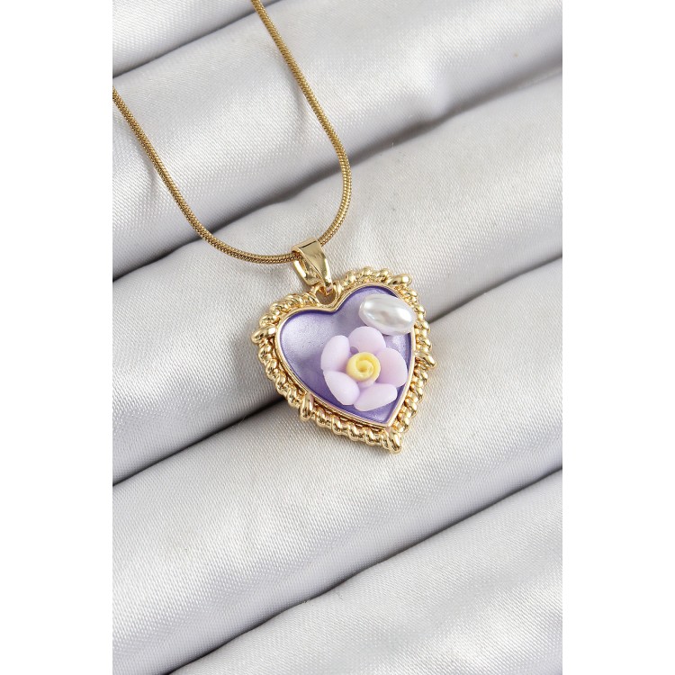 316L Çelik Zincir Mor Sanatsal Portre İnci Detaylı Papatya Figürlü Kalp Model Gold Renk Kadın Kolye - TJ-BKO10272