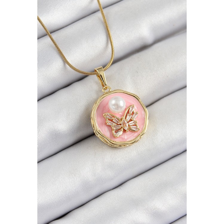 316L Çelik Zincir Zirkon Taşlı Pembe Sanatsal Portre İnci Detaylı Kelebek Model Gold Renk Kadın Kolye - TJ-BKO10276