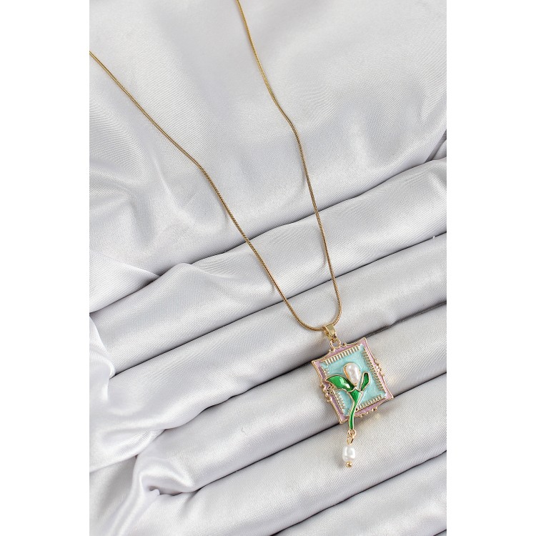 316L Çelik Zincir Turkuaz Sanatsal Portre Sallantılı İnci Detaylı Lale Model Gold Renk Kadın Kolye - TJ-BKO10280