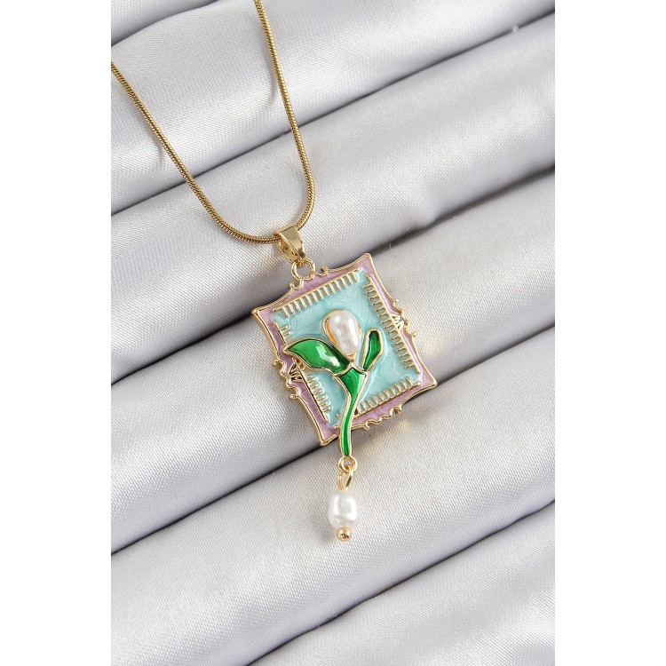 316L Çelik Zincir Turkuaz Sanatsal Portre Sallantılı İnci Detaylı Lale Model Gold Renk Kadın Kolye - TJ-BKO10280