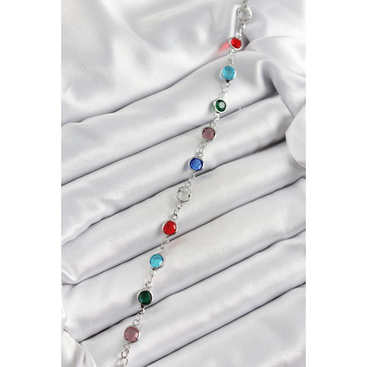 Pirinç Gümüş Renk Karışık Renk Zirkon Taşlı Kadın Bileklik - TJ-BB7046