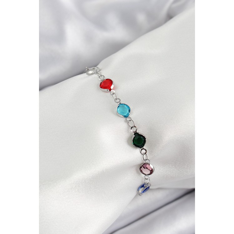 Pirinç Gümüş Renk Karışık Renk Zirkon Taşlı Kadın Bileklik - TJ-BB7046 Pirinç Gümüş Renk Karışık Renk Zirkon Taşlı Kadın Bileklik - TJ-BB7046