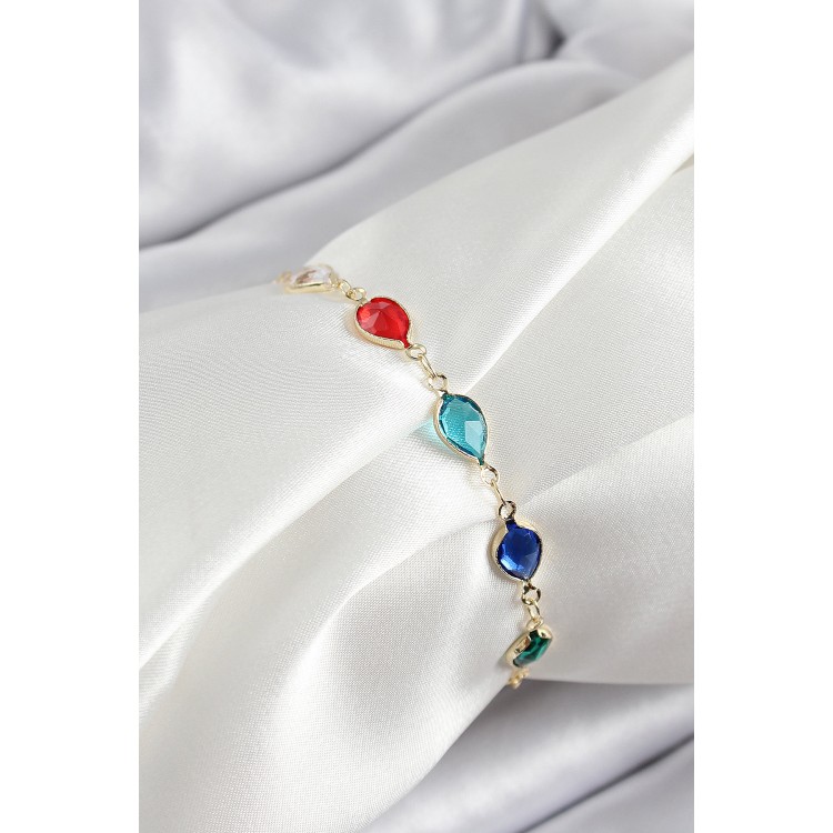 Pirinç Gold Renk Karışık Renk Damla Zirkon Taşlı Kadın Bileklik - TJ-BB7048