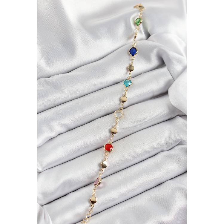 Pirinç Karışık Renk Zirkon Taşlı Gold Renk Kadın Bileklik - TJ-BB7051