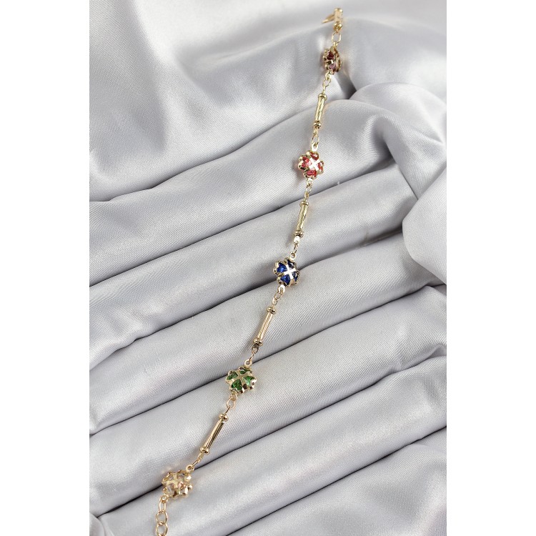 Pirinç Gold Renk Karışık Renk Yonca Zirkon Taşlı Kadın Bileklik - TJ-BB7056