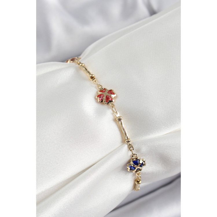 Pirinç Gold Renk Karışık Renk Yonca Zirkon Taşlı Kadın Bileklik - TJ-BB7056