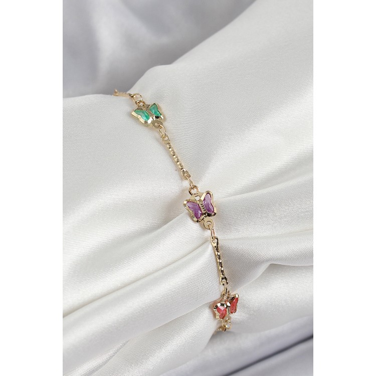 Pirinç Gold Renk Karışık Renk Kelebek Zirkon Taşlı Kadın Bileklik - TJ-BB7057