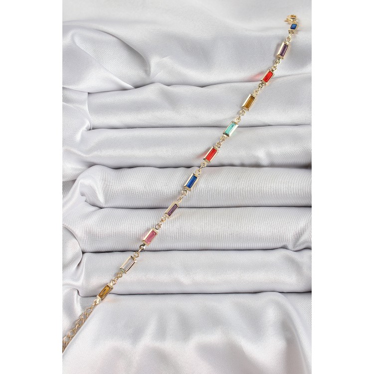 Pirinç Gold Renk Karışık Renkli Kare Zirkon Taşlı Kadın Bileklik - TJ-BB7040