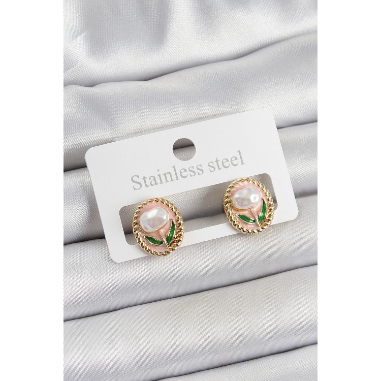 Pirinç Pembe Mineli Lale Figürlü Sanatsal Portre Model Gold Renk Kadın Küpe - TJ-BKP10672 Pirinç Pembe Mineli Lale Figürlü Sanatsal Portre Model Gold Renk Kadın Küpe - TJ-BKP10672