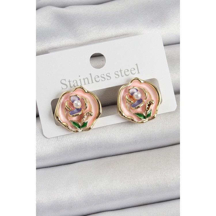 Pirinç Pembe Mineli Çiçek Figürlü Sanatsal Portre Model Gold Renk Kadın Küpe - TJ-BKP10677 Pirinç Pembe Mineli Çiçek Figürlü Sanatsal Portre Model Gold Renk Kadın Küpe - TJ-BKP10677