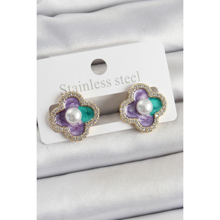 Pirinç Mor Mineli İnci Detaylı Zirkon Taşlı Sanatsal Portre Yonca Model Gold Renk Kadın Küpe - TJ-BKP10680 Pirinç Mor Mineli İnci Detaylı Zirkon Taşlı Sanatsal Portre Yonca Model Gold Renk Kadın Küpe - TJ-BKP10680