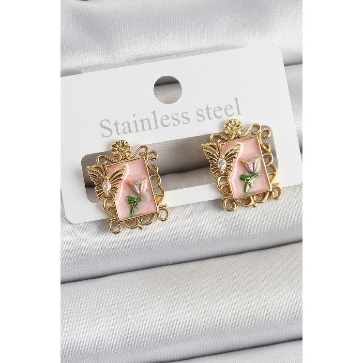 Pirinç Pembe Mineli Sanatsal Portre Model Gold Renk Kadın Küpe - TJ-BKP10685 Pirinç Pembe Mineli Sanatsal Portre Model Gold Renk Kadın Küpe - TJ-BKP10685