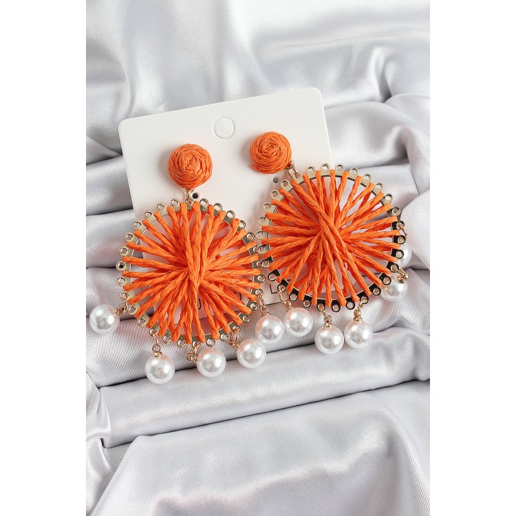 Turuncu Hasır Örgü Sarmal Model Sallantılı İnci Detaylı Gold Renk Kadın Küpe - TJ-BKP10695