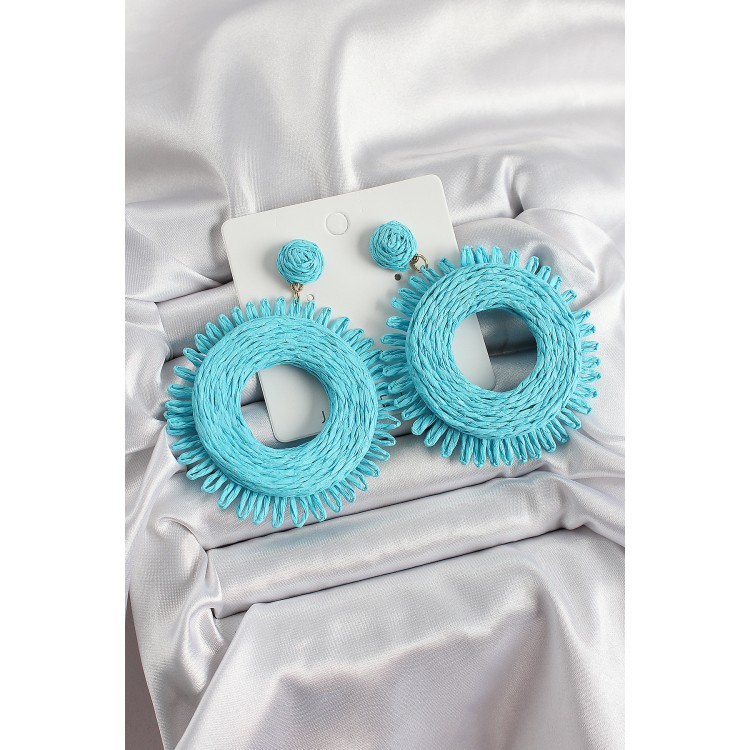 Mavi Püsküllü Halka Figürlü Hasır Örgü Model Gold Renk Kadın Küpe - TJ-BKP10709