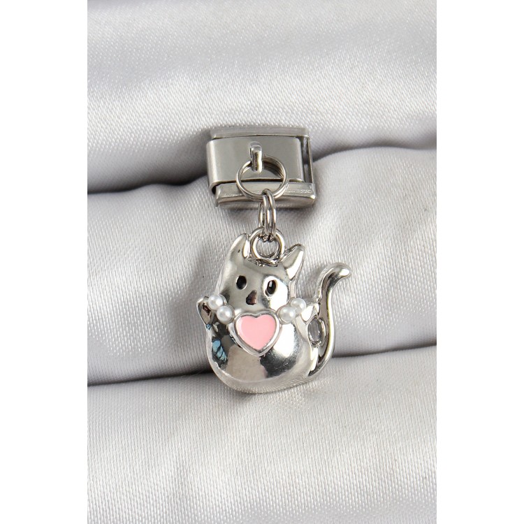 316L Çelik Sallantılı Kalp Detaylı Kedi Model Gümüş Renk Nomination Charm - TJ-BC1460 316L Çelik Sallantılı Kalp Detaylı Kedi Model Gümüş Renk Nomination Charm - TJ-BC1460