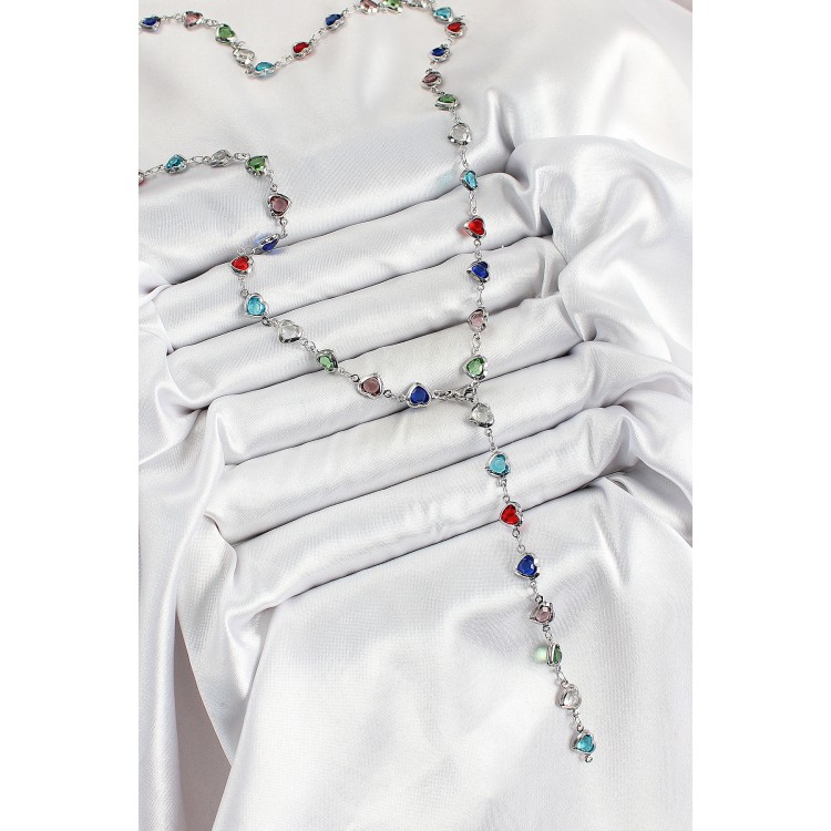 Pirinç Gümüş Renk Karışık Renk Zirkon Taşlı Kalpli Y Kadın Kolye - TJ-BKO10302 Pirinç Gümüş Renk Karışık Renk Zirkon Taşlı Kalpli Y Kadın Kolye - TJ-BKO10302