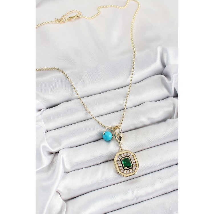 Gold Renk Pirinç Zirkon Taşlı Kadın Serenay Kolyesi - TJ-BKO10304