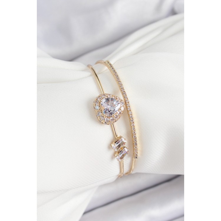 Pirinç Gold Renk Kalpli Zirkon Taşlı Kadın Bileklik - TJ-BB7061