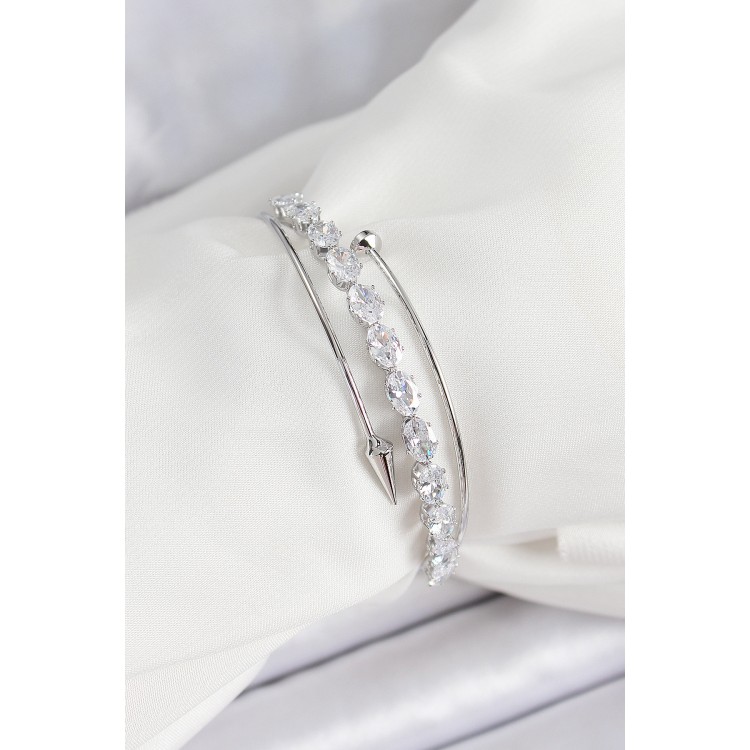 Pirinç Gümüş Renk Arpa Zirkon Taşlı Kadın Bileklik - TJ-BB7064 Pirinç Gümüş Renk Arpa Zirkon Taşlı Kadın Bileklik - TJ-BB7064