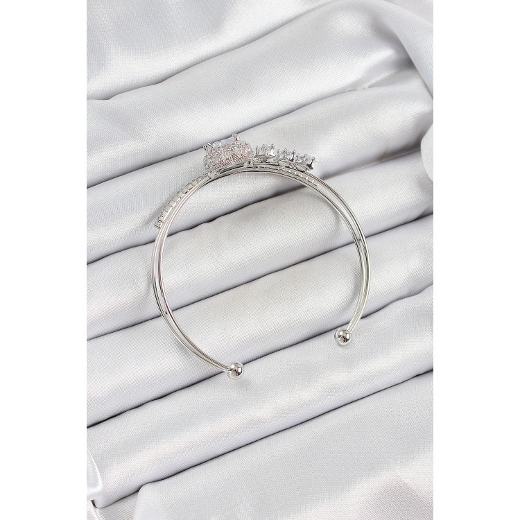 Pirinç Gümüş Renk Kalpli Zirkon Taşlı Kadın Bileklik - TJ-BB7065