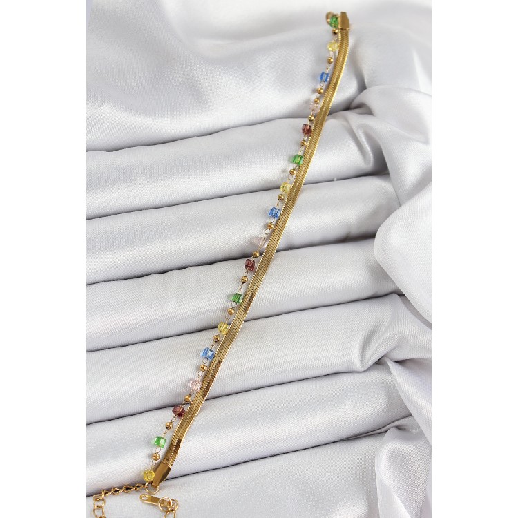 316L Çelik Gold Renk Karışık Renkli Kristal Taşlı Kadın Bileklik - TJ-BB7090