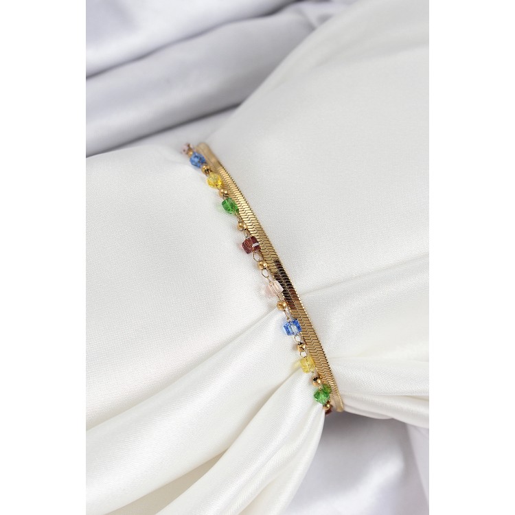 316L Çelik Gold Renk Karışık Renkli Kristal Taşlı Kadın Bileklik - TJ-BB7090